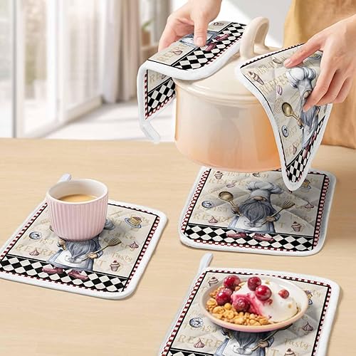 Vista 5 de Kitchen Chef - Gnomos para ollas de cocina, retro, rojo y blanco, a cuadros, para postre, con bucle, aislamiento térmico, guantes de horno