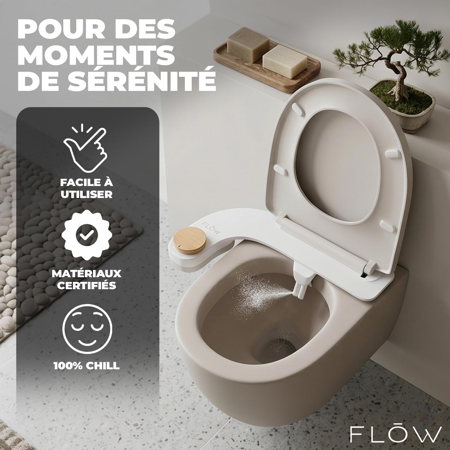 Flow® | Toilette Japonaise avec Douchette Intégrée | Bidet WC Double Buse avec Mode Féminin | Pression Réglable | Kit Complet sans Électricité | Installation Facile | OriginalCorner®