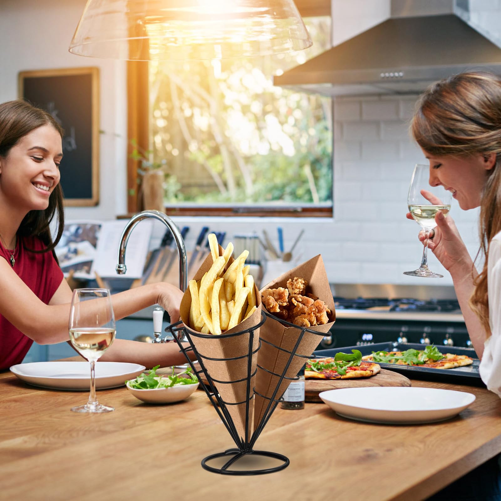 INOOMP Soporte para Papas Fritas de Acero Inoxidable, Cesta Negra Brillante 4 Orificios para Snacks y Aperitivos, Adecuado para Servir en Casa, Cafeterías y Fiestas, Porta Bocadillos