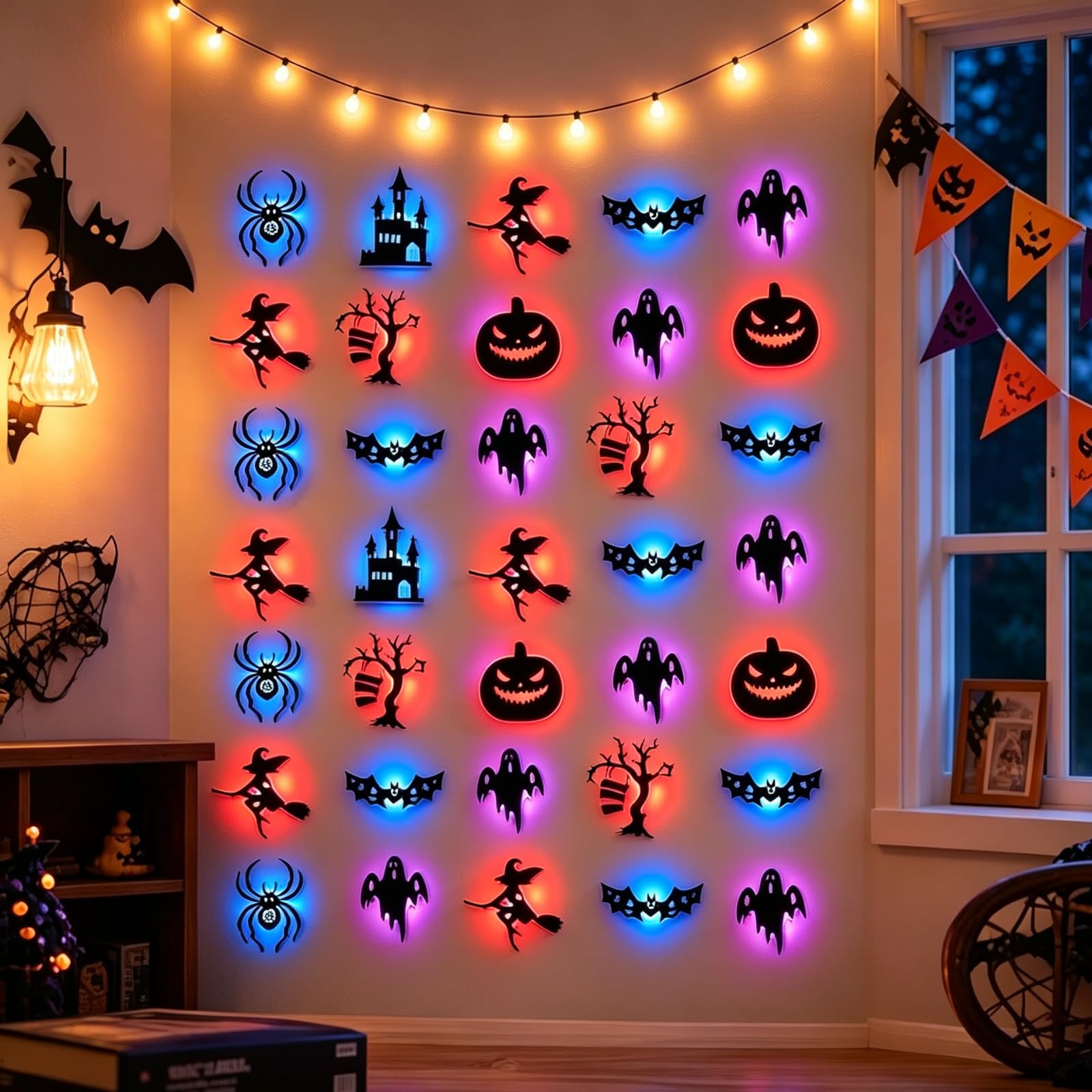 32 Pack Halloween LED Silhouette Wall Light Stickers Decor Set