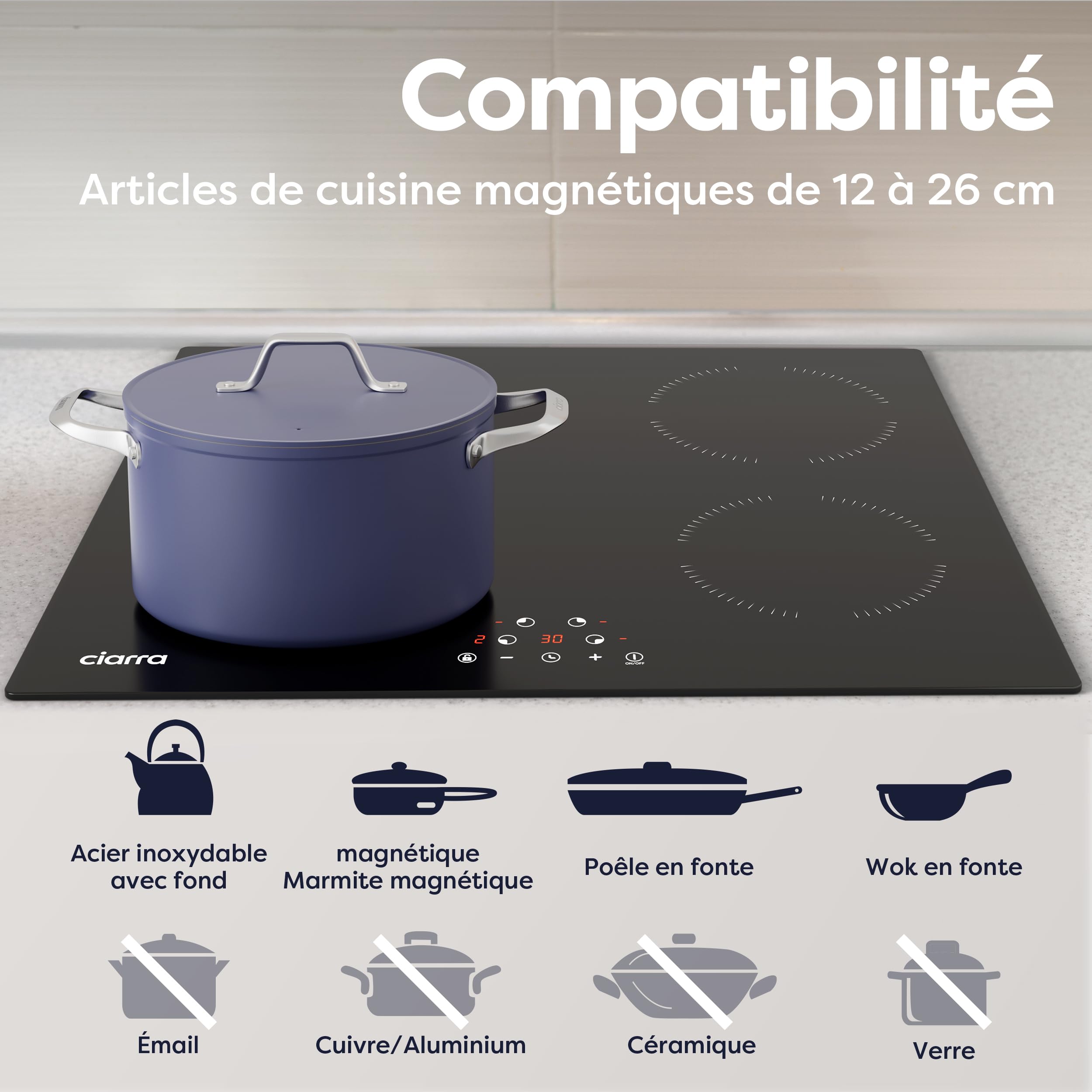 CIARRA Plaque de Cuisson à Induction - 4 Foyer 6000W - Table de Cuisson Encastrable - Commande Tactile - 9 Niveaux - CABBIH4-A