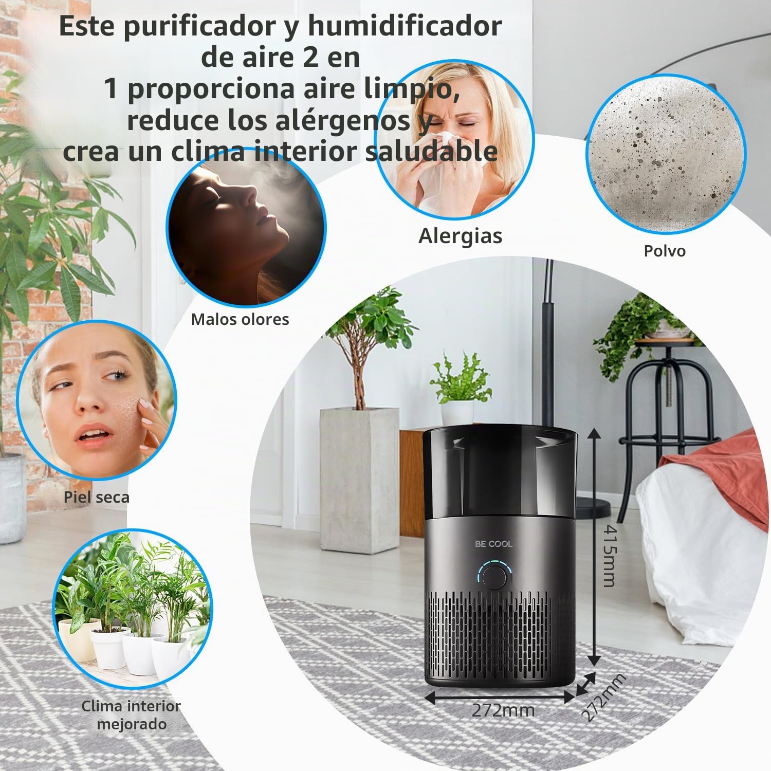 Be Cool Humidificador – aire caliente y frío – 7 niveles de humedad ajustables/rotación de 360 ° – 12 horas de tiempo de funcionamiento, silencioso, depósito de 5 litros/negro