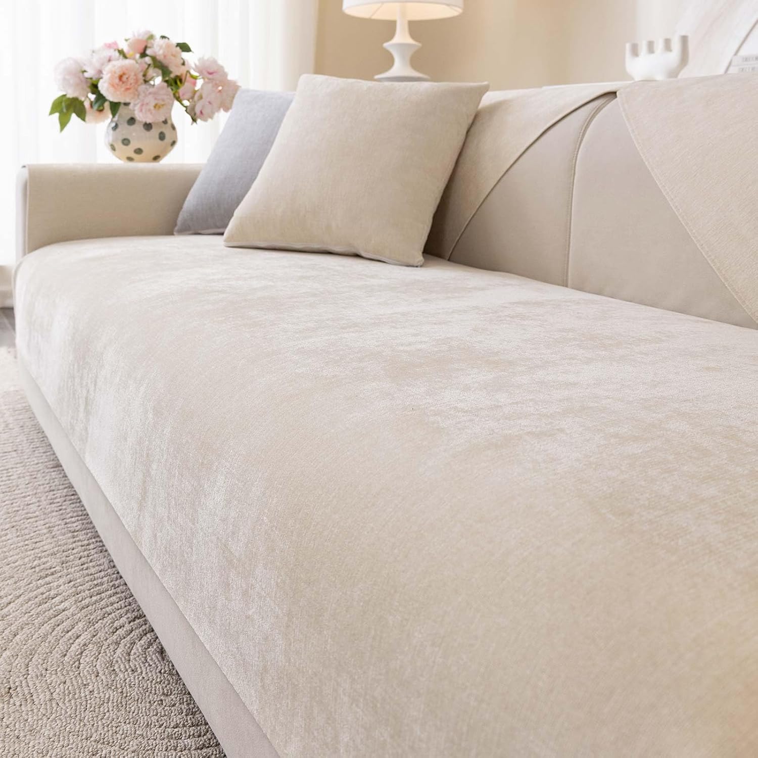 Soft Chenille Couch Cover, Non Slip Sectional Sofa Covers Washable for 3 Cushion Couch Sofa L Sharped Sofa Slipcover for Pets, Furniture Protector (1 PCS 36"x82" Beige) 1pc/36"x82"/Seat Cover Beige