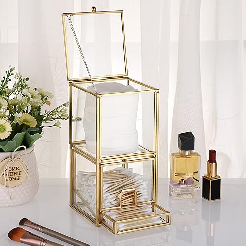 Miniatura 2 de Hipiwe Soporte Qtip de vidrio dorado con tapa, 2 compartimentos, bolas de algodón, organizador de hisopos, soporte de almohadillas redondas de