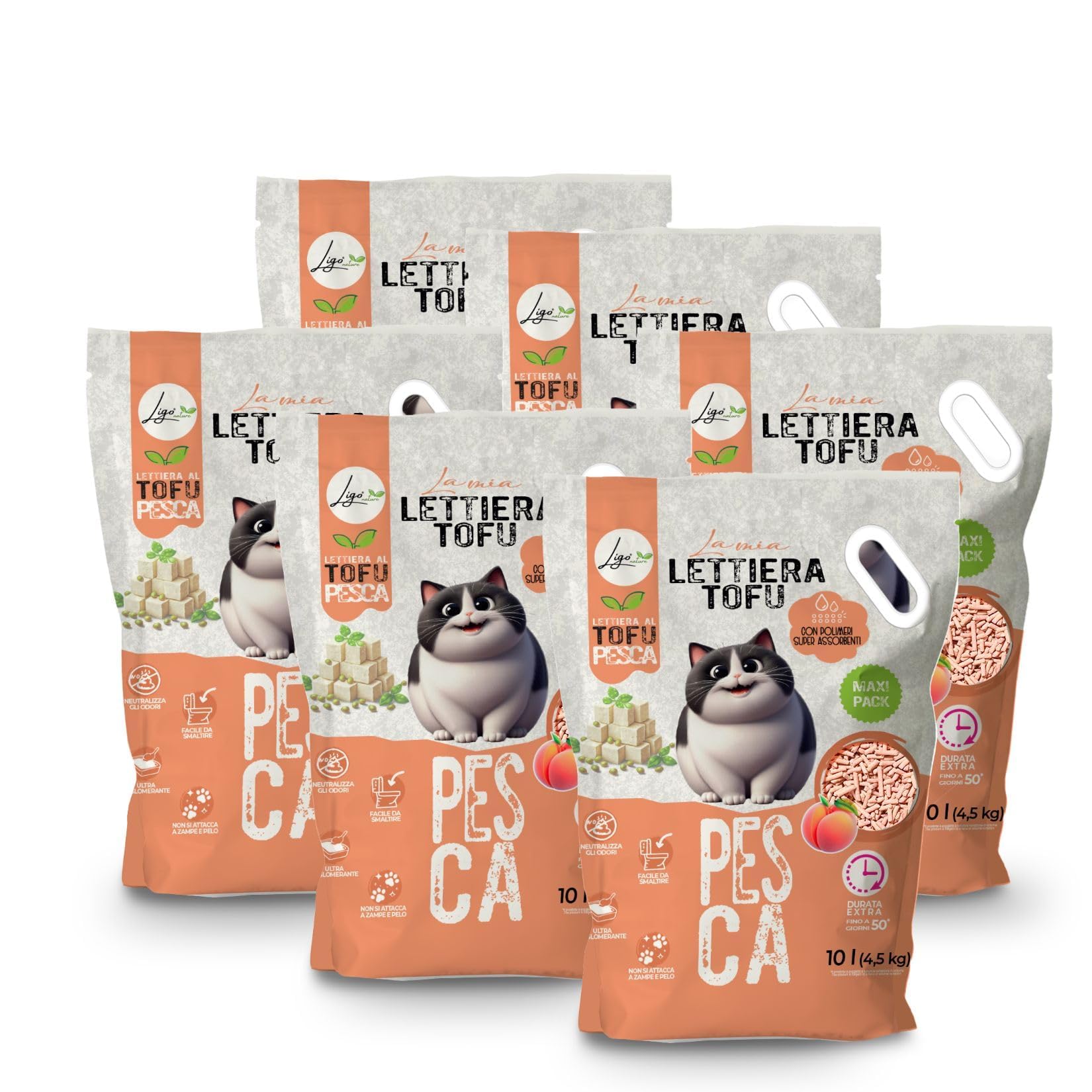 Ligo Nature Lettiera gatto Tofu |profumazione pesca |ecologica|ultra assorbente|assorbimento rapido|controllo degli odori|4 confezioni da 10l