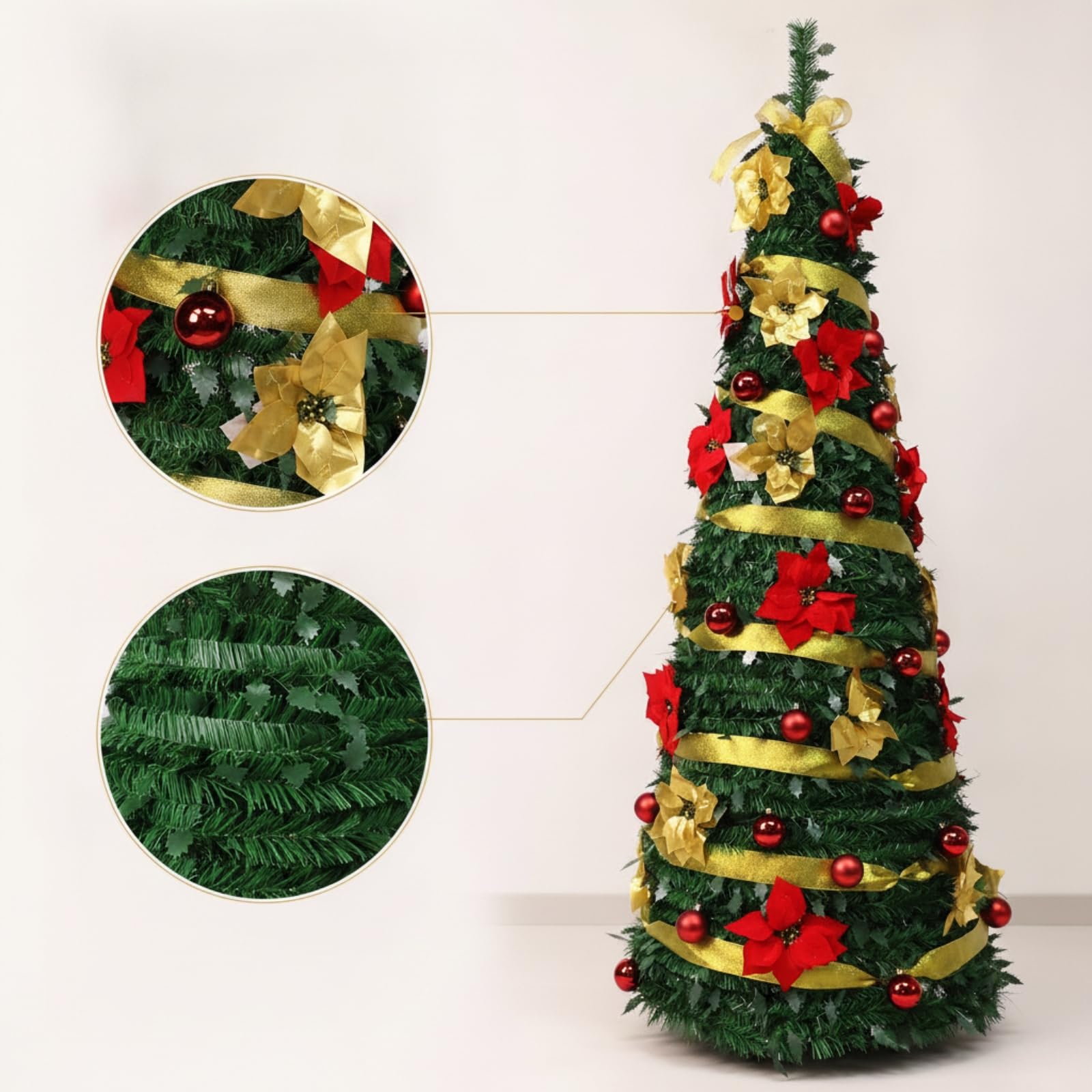 Buschig Künstlicher Weihtsbaum, 120cm Höhe 40cm Baumbreite | Geschmückt, Weihtsbaum mit Christbaumschmuck, Christbaum, für Schaufenster