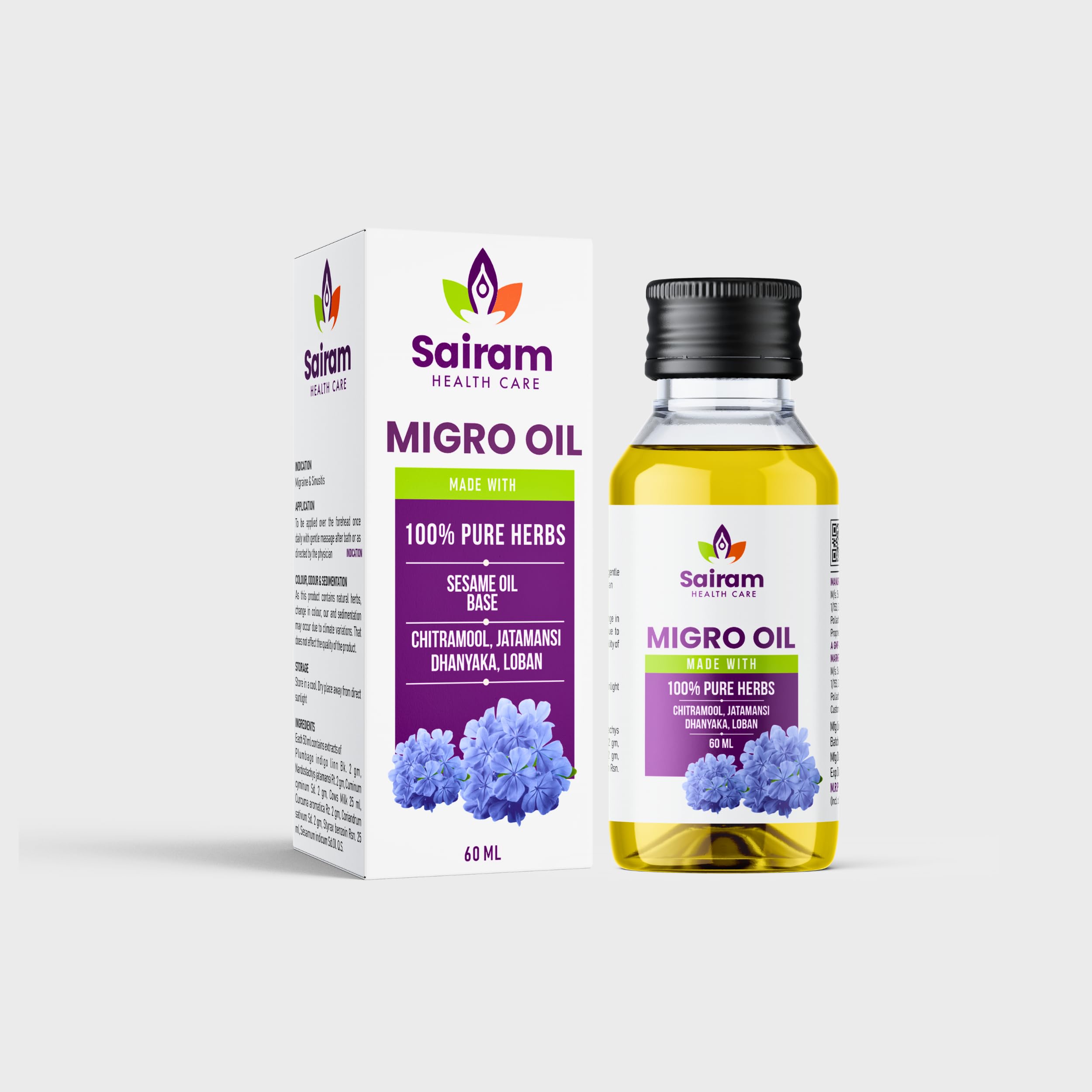 Migro Oil for Migraine and Allergic Rhinitis - Ayurvedic Medicine for Vertigo, Headache, Chronic Headache, Sinus, Sinusitis - Migraine Relief Composed of 100% Pure Natural Herbs (60 ml (Pack of 1))