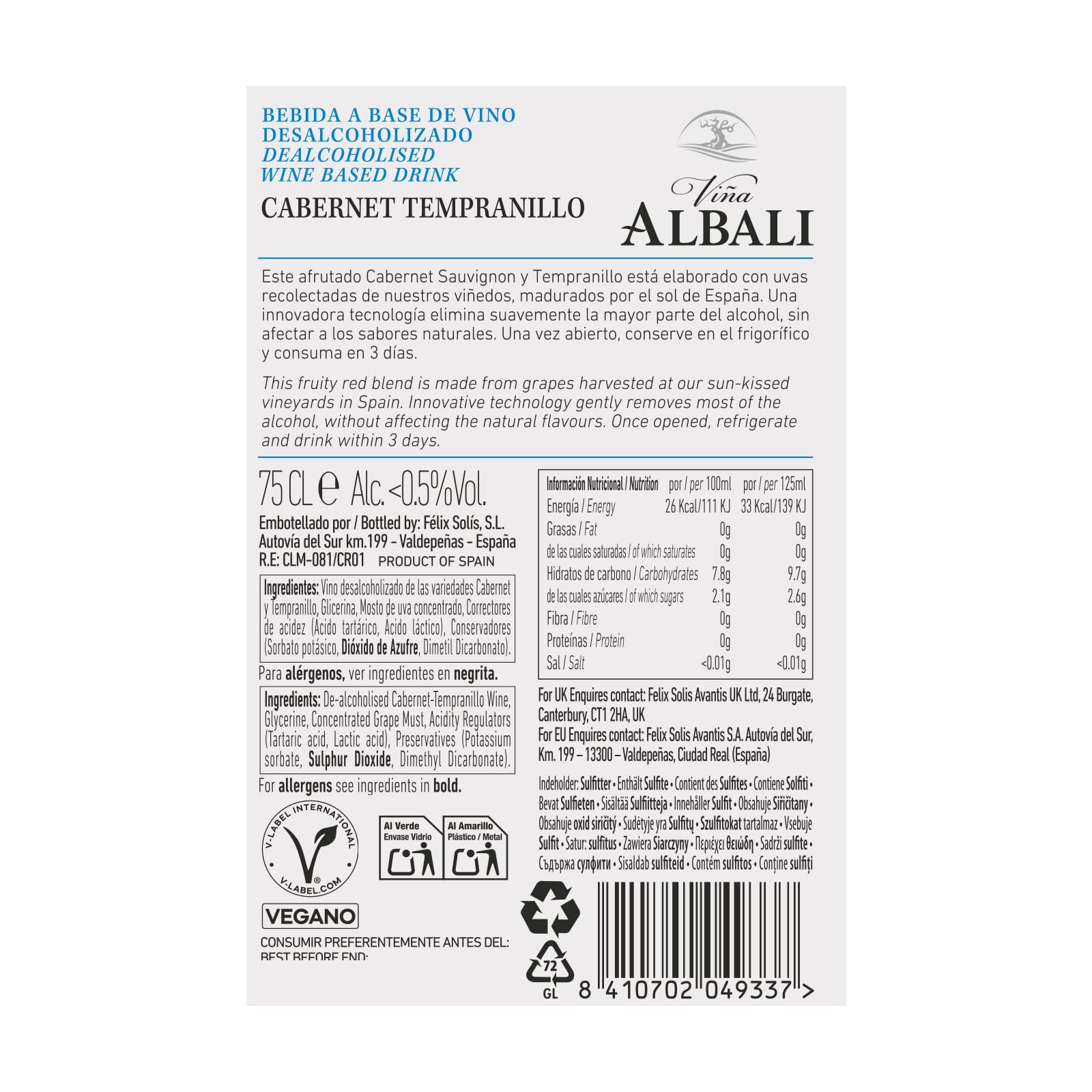 Viña Albali Tinto Cabernet Tempranillo Low Alcohol, Paquete de 6 x 750 ml - Total: 4500 ml