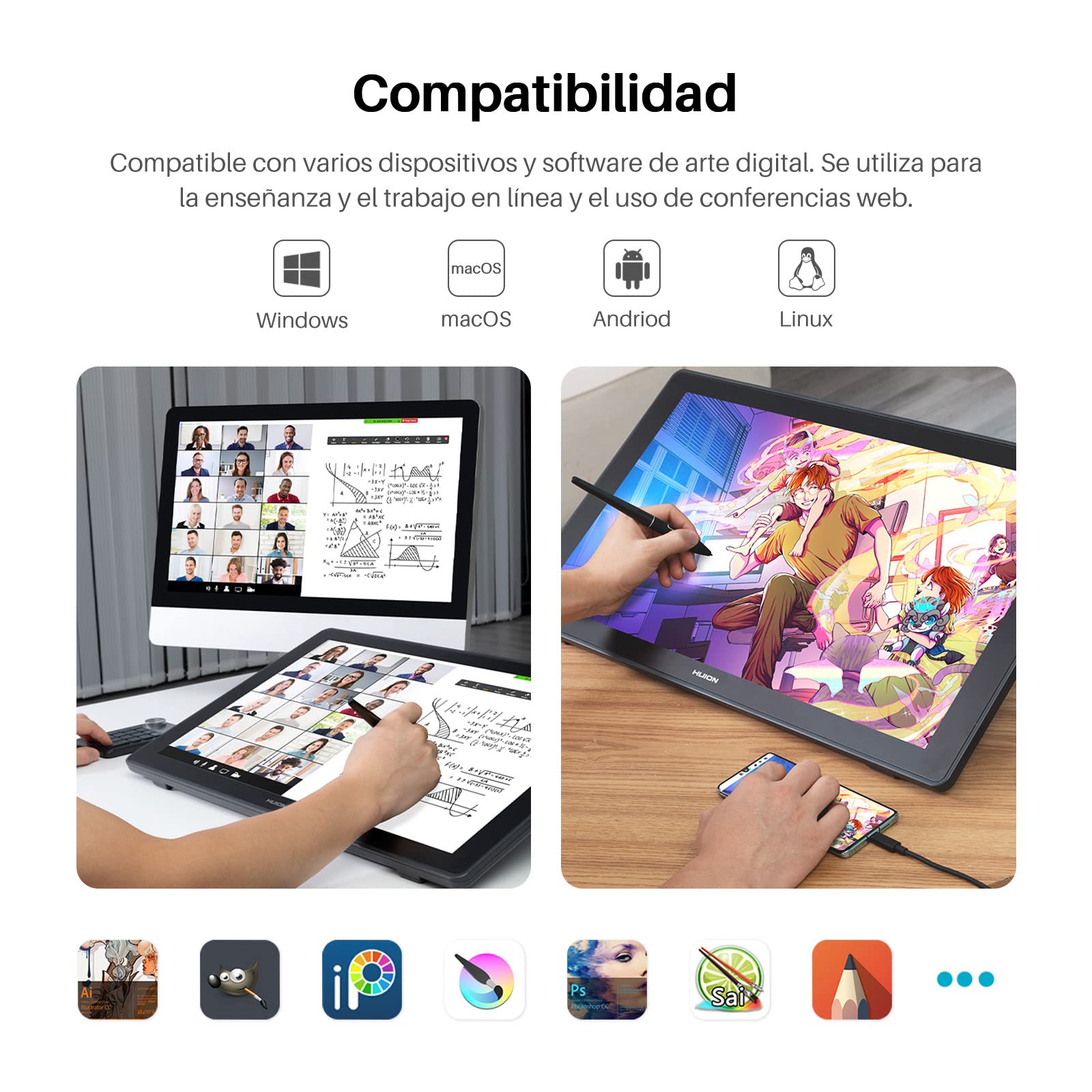 HUION Kamvas 24 Plus Tableta Grafica con Pantalla Profesional, 23,8 Pulgada Tableta de Dibujo de Vidrio Antirreflejo, QHD de 140% sRGB, Lápiz sin Batería PW517, para Trabajo en Línea y Enseñanza