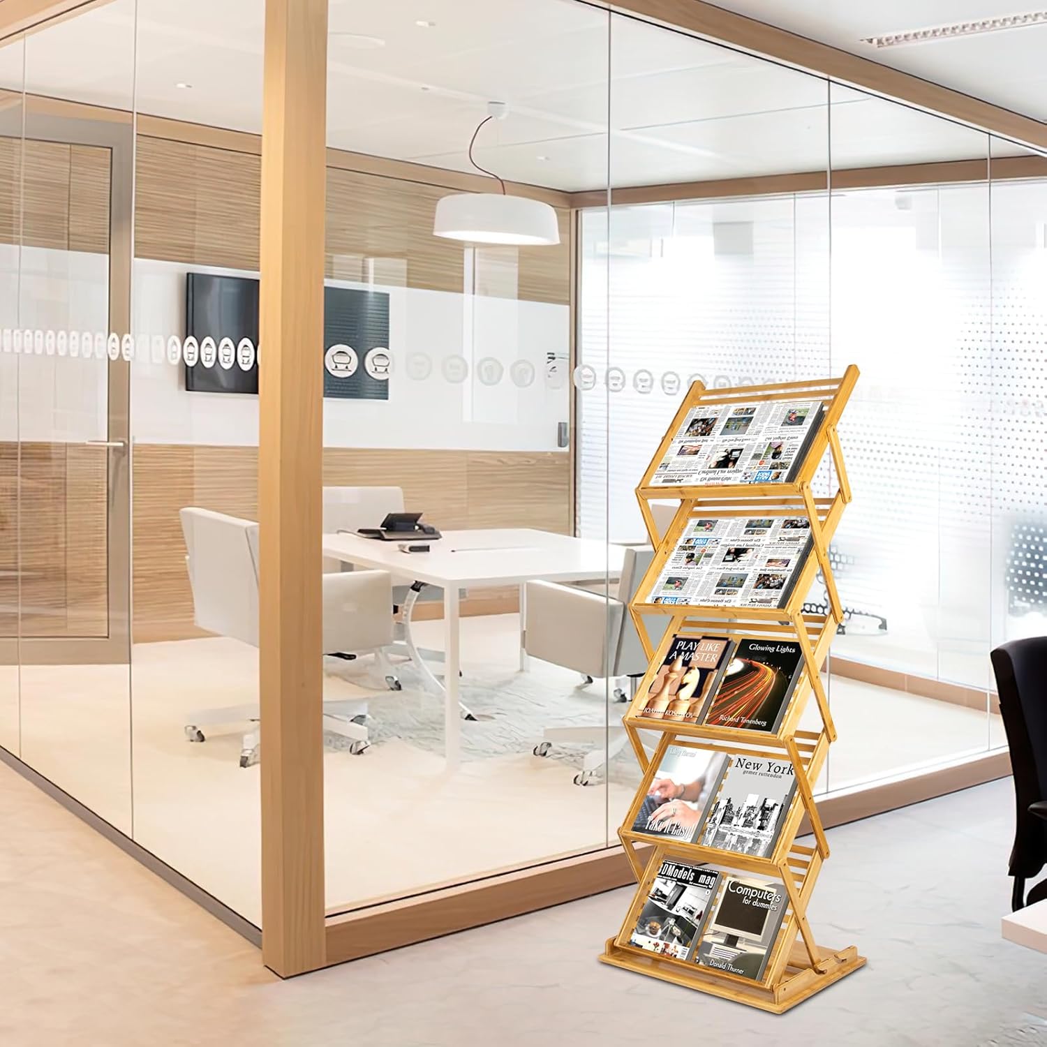 Choowin Large Foldable Magazine Rack Floor Stand Brochure Display Stand Literature Display Rack Holder Bamboo Wood Magazine Rack for Home Office Retail Display Exhibitions Portable 5 Pockets