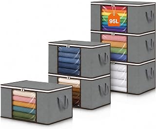 RICHER HOUSE 6 Stück 95L Aufbewahrungstasche, Groß Aufbewahrungsbox mit Deckel, Faltbare Kleideraufbewahrung Umzugskartons mit verstärktem Griff & Reißverschluss für Bettdecken,Kleidung,Unterbett