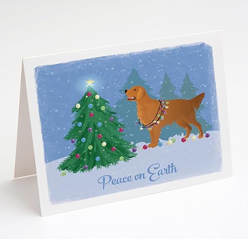 Breed Collection Tarjetas de felicitación y sobres de bosque navideño Golden Retriever (rojo)  Paquete de 8  Tarjetas de notas en blanco tamaño A2