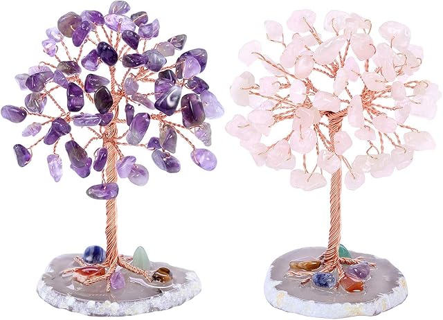JSDDE 2pcs Mini Crystal Tree Healing Crystal Tumble Stone Tree of Life Feng Shui Tree Gemstones Agate Money Tree Figurines Ornament (Amethyst+Rose Quartz)
