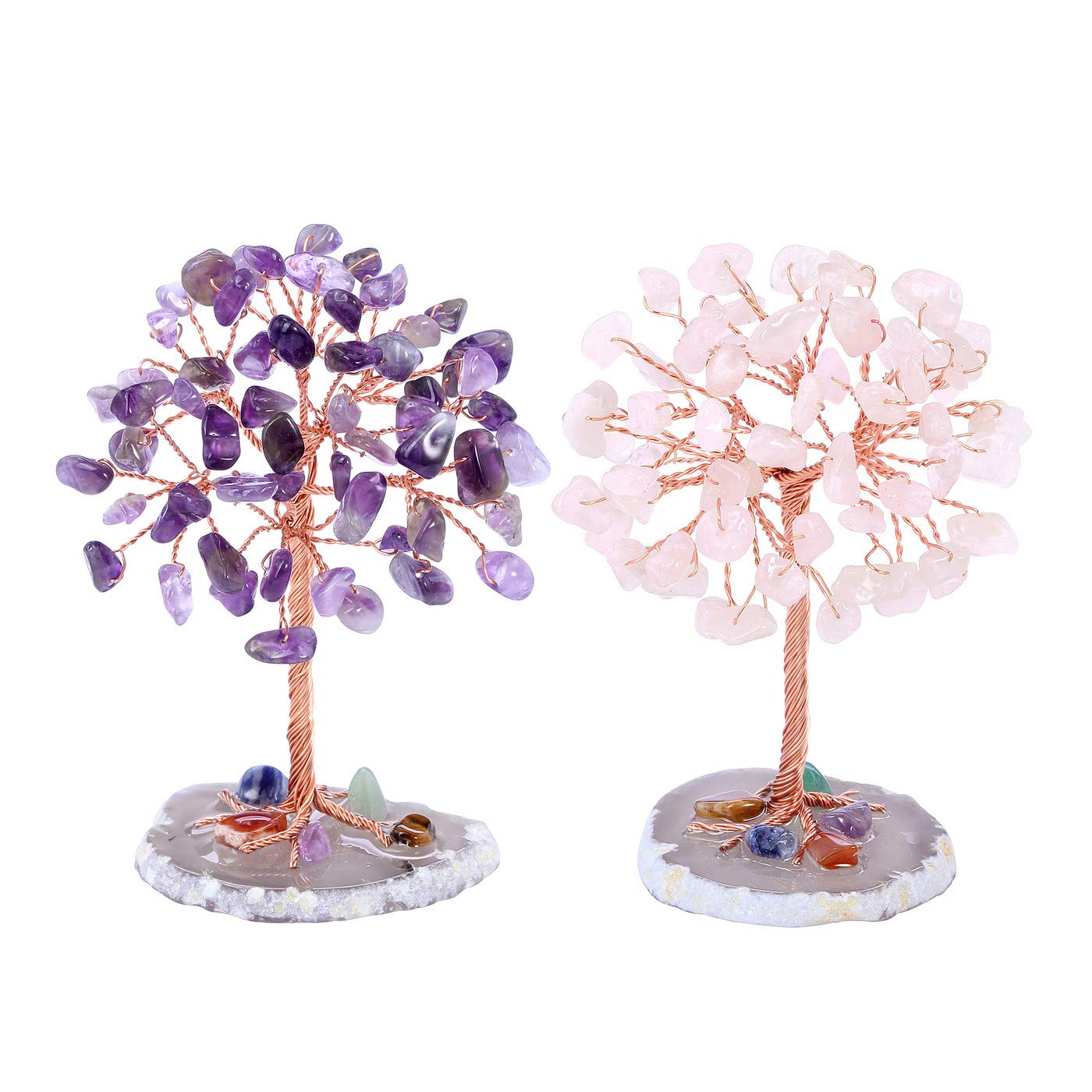 Mini Crystal Healing Tumble Stone Life Feng Shui Gemstones Agate Money Tree Figurines Ornament (Amethyst+Rose Quartz)