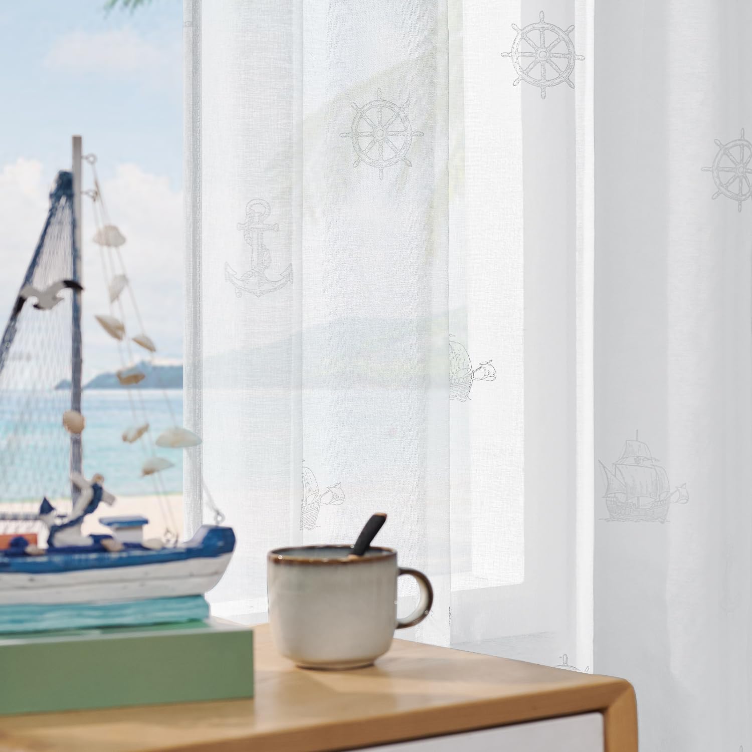 jinchan White Sheer Curtains 63 Inch Length for Bedroom Sailing Boat Pattern Nautical Beach House Cabin Drapes for Nursery Light Filtering Rod Pocket Summer Curtains 2 Panels Set