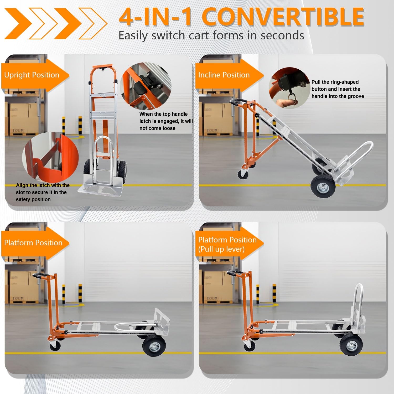 SST Carrito de mano convertible 4 en 1 plegable con ruedas, 1000 libras de aluminio resistente para construcción, logística, compras, hogar, mudanza de oficina