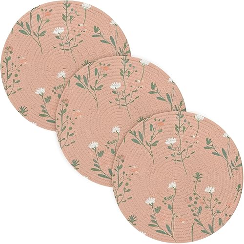 3 Pcs Trivet Mat Set Pink Green White Floral Floral for Hot Dishes 15in Cotton Thread Weave Large Coasters Cotton Mat for Crock Pot Home Decor
