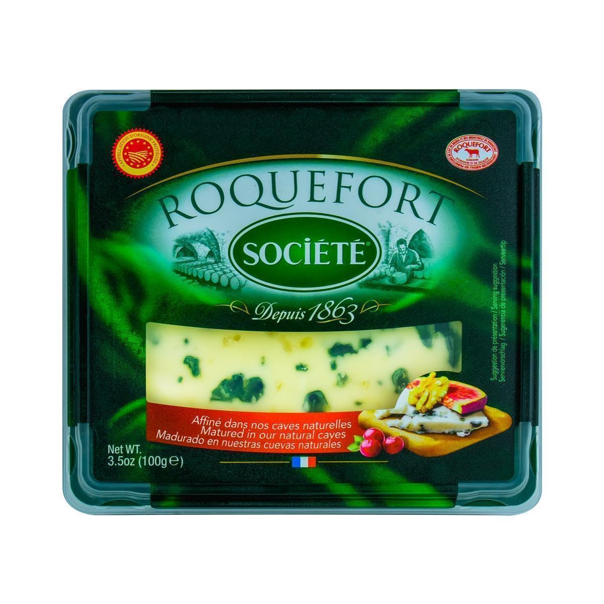 Roquefort Société Schafskäse AOP - 6x 100g - französischer Blau-Schimmel-Käse, cremig und aromatisch, Edel-Pilz-Käse, solo zu Wein, als Topping von Pizza oder zum Überbacken