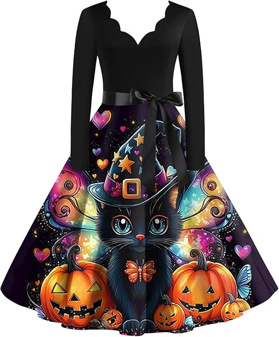 OIOLOYJM Sexy Plus Size Halloween Costumes Woman 2025 Long Sleeve V Neck Printed Gothic Retro Formal Party Dresses for Women
