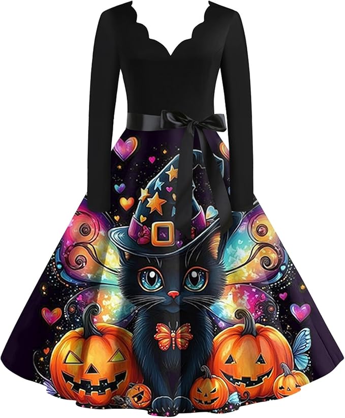 OIOLOYJM Sexy Plus Size Halloween Costumes Woman 2025 Long Sleeve V Neck Printed Gothic Retro Formal Party Dresses for Women