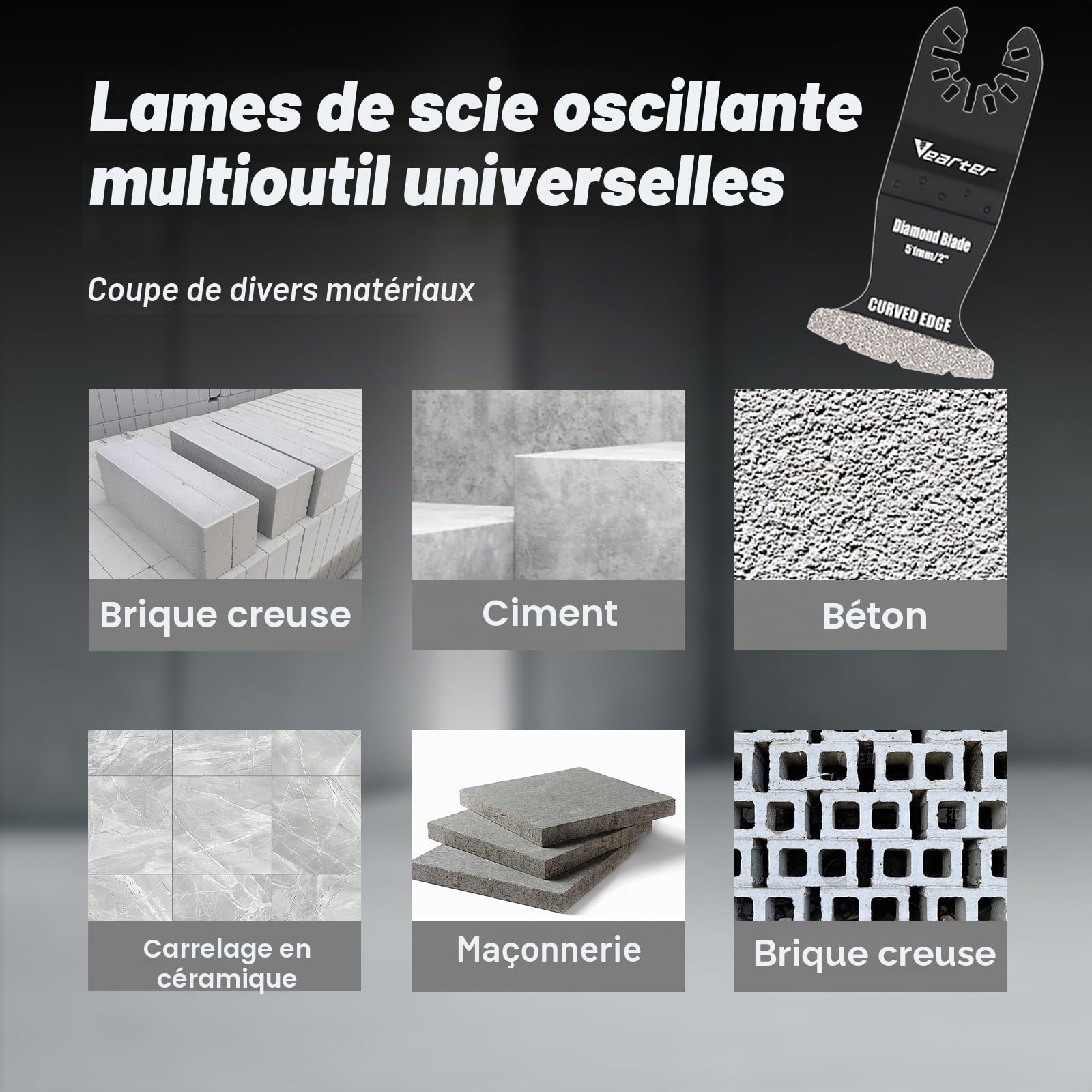 Lot de 5 outils multifonctions diamantés avec adaptateur, lames de scie, outil d'oscillation pour carreaux en céramique, brique creuse, ciment, carrelage souple, maçonnerie