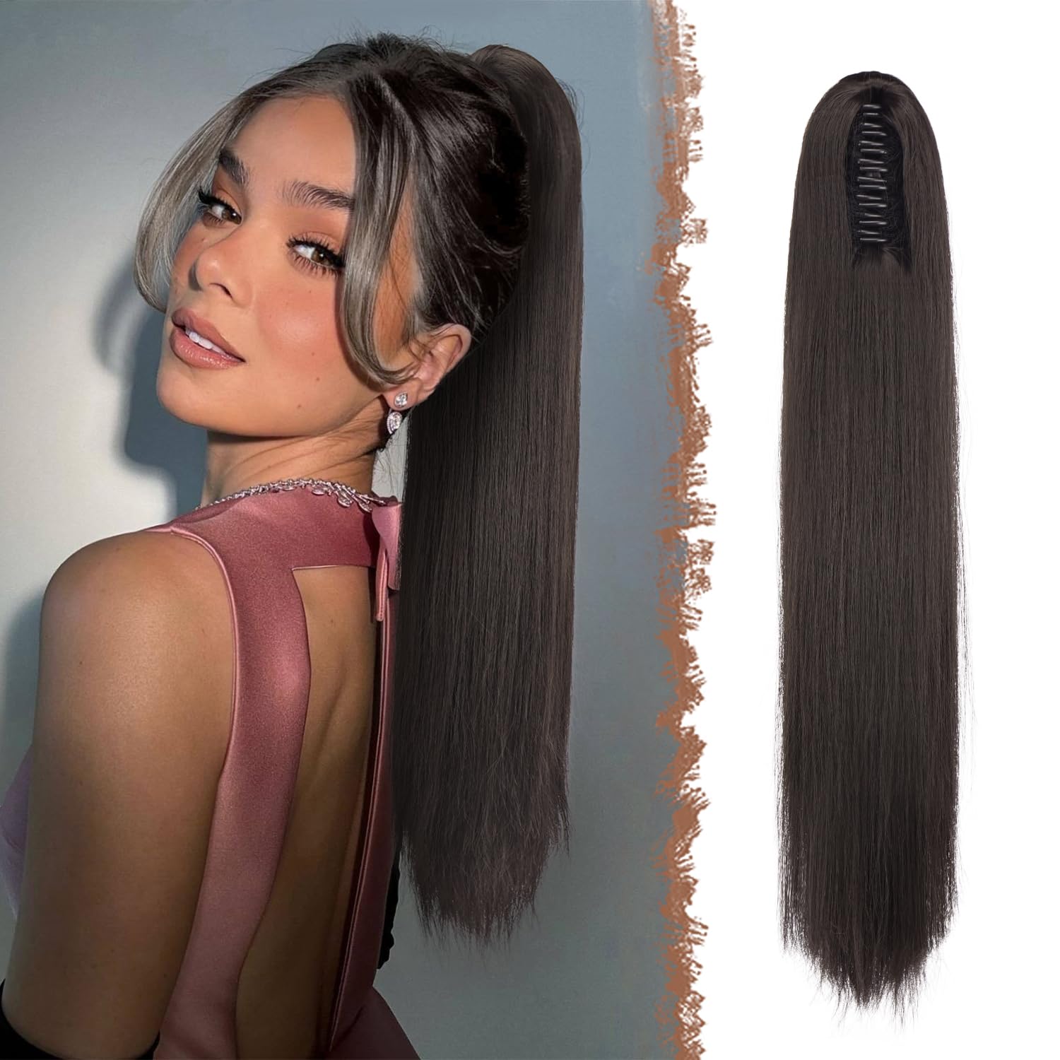 FESHFEN Coda Capelli Lisci Extension con Pinza - Lunghi Dritto Liscia Coda Finta Capelli Marrone Scuro Sintetici Posticci Ponytail Extensions Coda di Cavallo per Donna, 63 cm