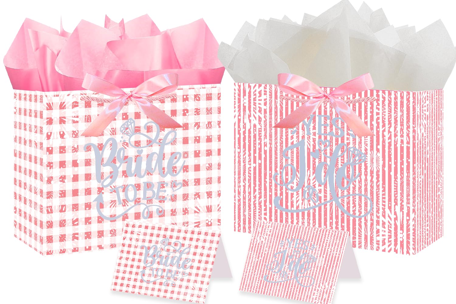 JWSCYSY 2PCS Large Bridal Shower Gift Bags with Tissue Papers, Greeting Cards and Ribbons, Silver Metallic Printed Pink Bride to Be Gift Bags for