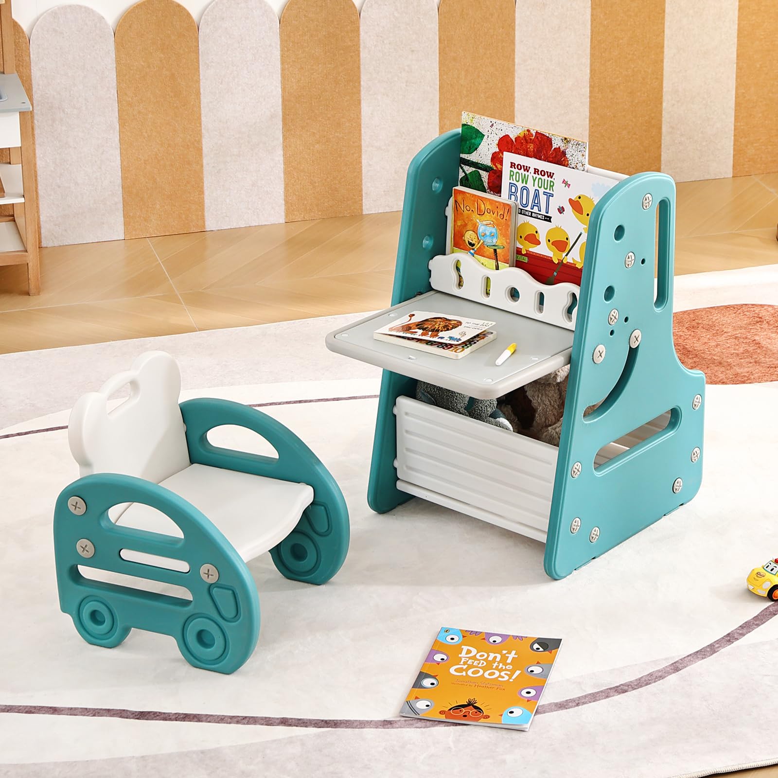 Juego de mesa y silla para niños, caballete de arte convertible 3 en 1 y estantería de exhibición con tablero de pintura magnético, estante de almacenamiento inferior, juego de mesa de 3