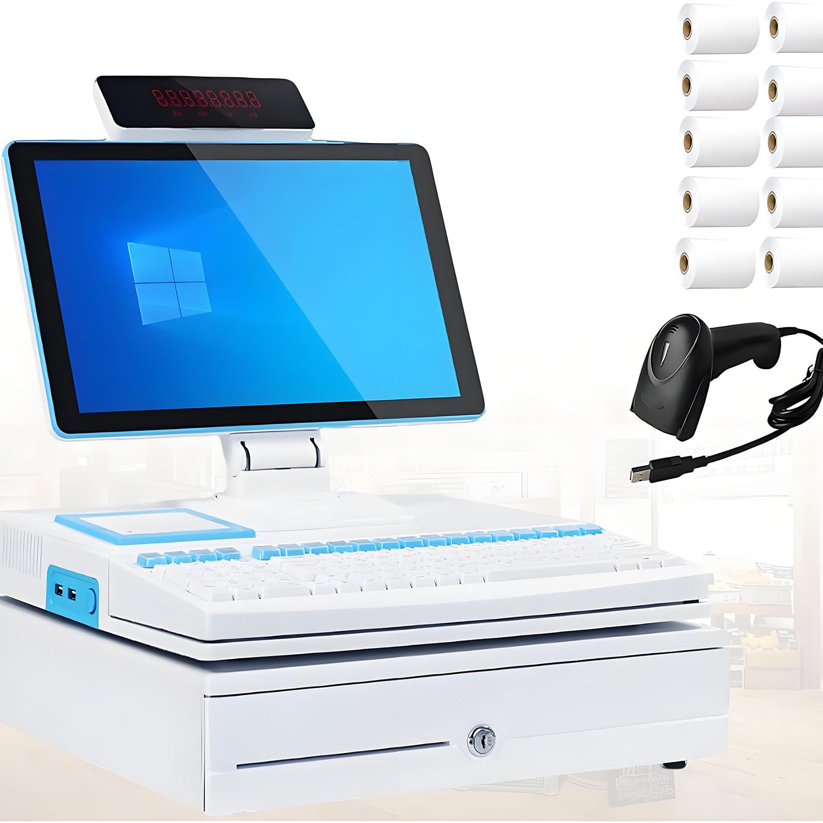 Caja registradora táctil con impresora térmica y lector de barras 2D