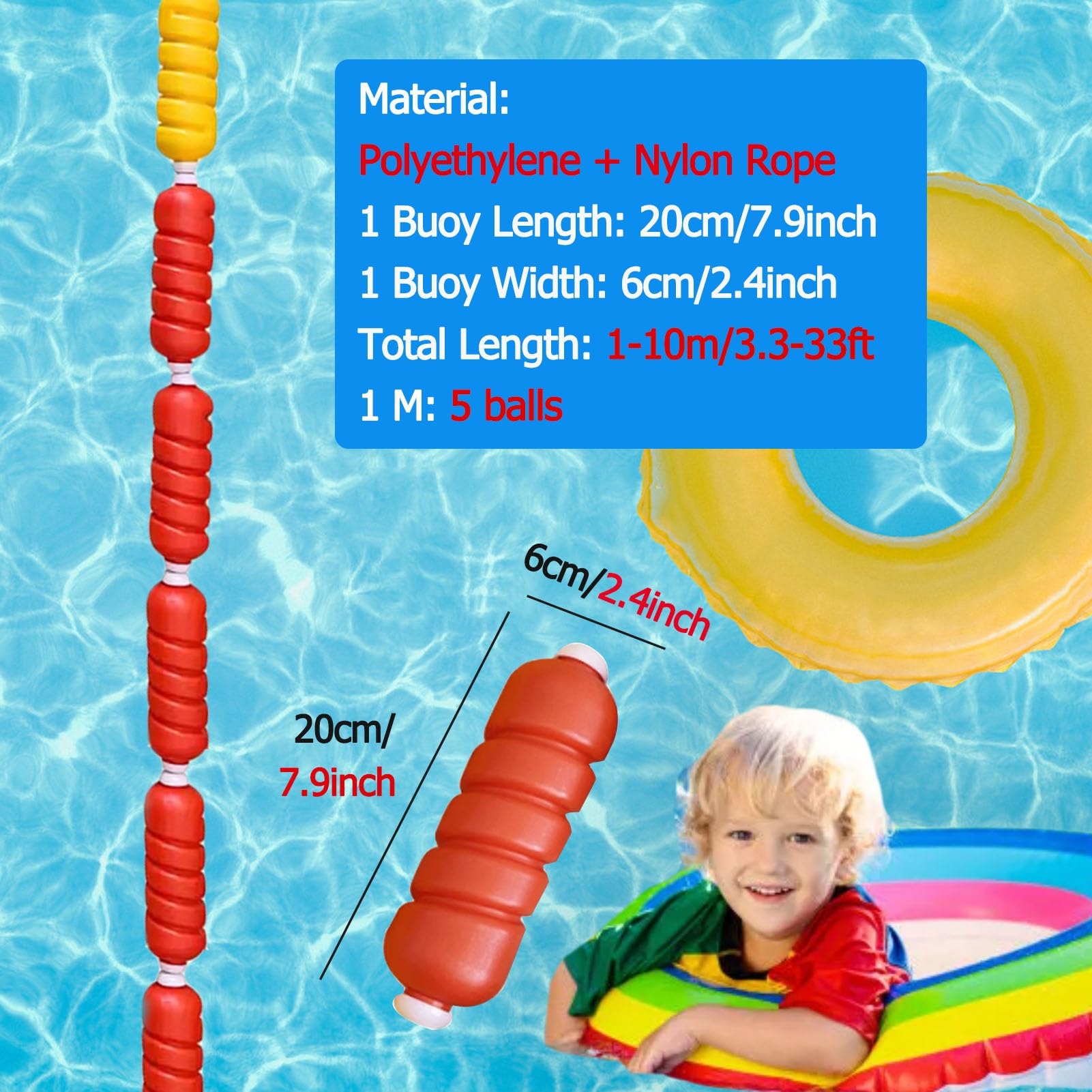 Pool Lane Divider 1 3 5 7 9 10 M Long, Inground Pool Safety Float Line Divider Rope Kits, Professional Swimming Competition Divider Line, for Separating Depth/ Shallow End(Color:Width 6cm (2.4inch),Si