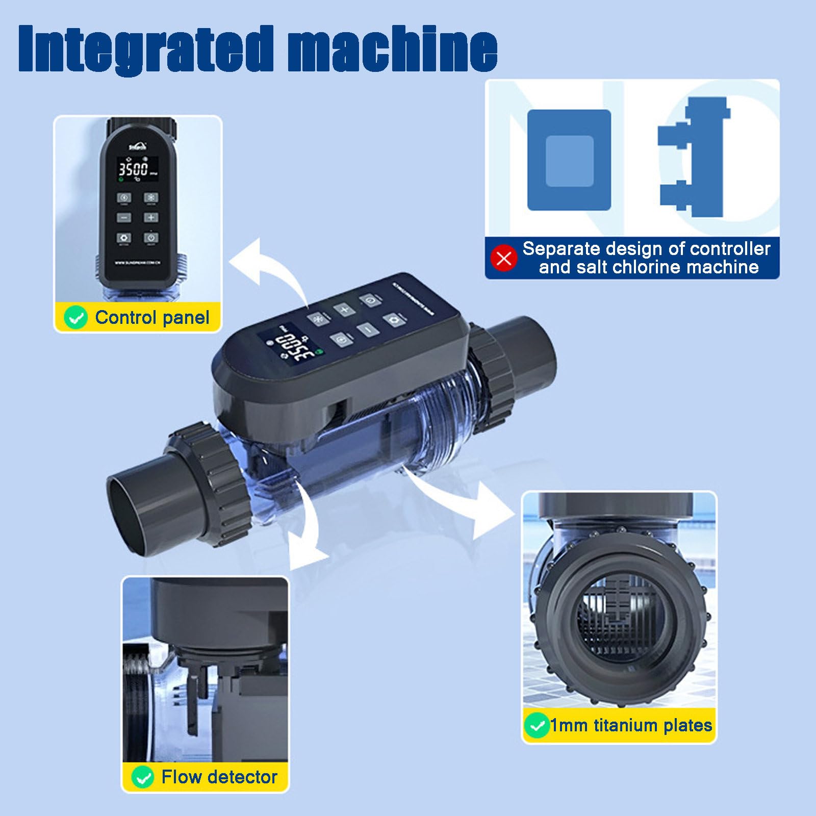 Système d'Électrolyse Au Sel pour Piscines, Générateur De Chlore Au Sel De Grande Capacité, Électrolyseur Au Sel avec Panneau Numérique Intelligent,withoutAPPcontrol-50g/h(40K~60K)