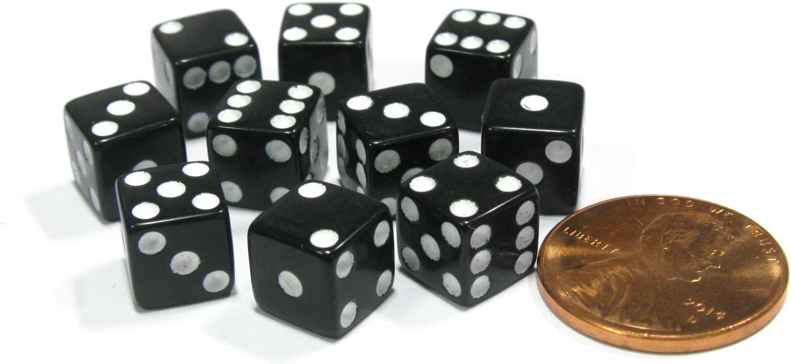 Set of 10 Black 8mm Six Sided D6 Small Square Dice with White Pips