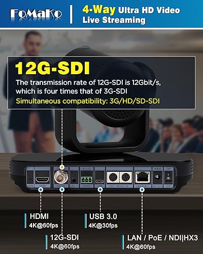 Miniatura 2 de FoMaKo Cámara PTZ NDI 12G-SDI 4K 60FPS con soporte libre, zoom óptico 20X, seguimiento de IA 4KP60, 1/1.8 UHD CMOS 8.42MP HDMI USB3.0 3G-SDI, cámara