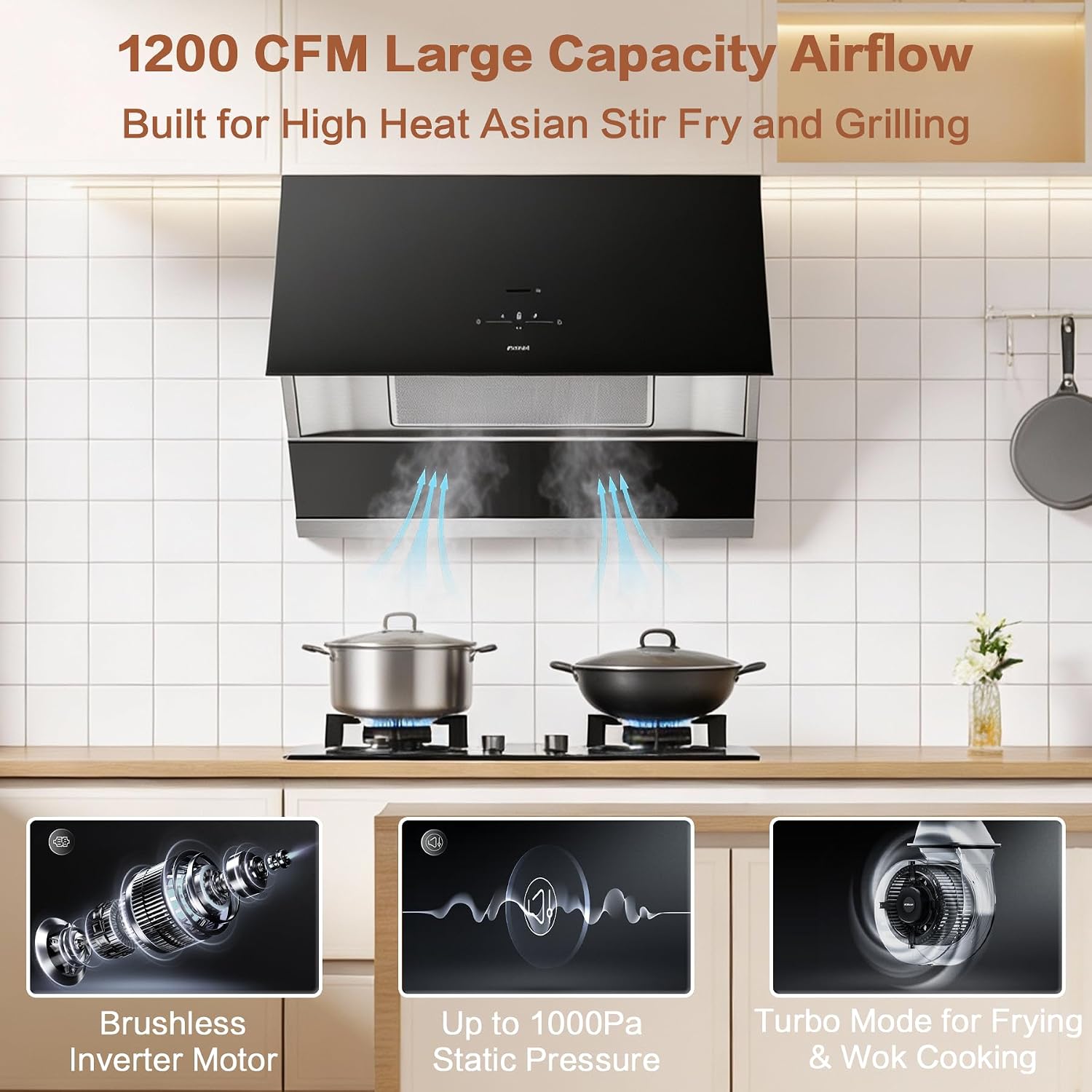 ROBAM R-Max2 36 Inch Range Hood, 1200 CFM Brushless Motor, Smart Touch & Gesture Control, Dishwasher-Safe Filter, LED Lights, Stainless Steel, EasyClean Glass, Ducted Wall Mount/Under Cabinet A678S