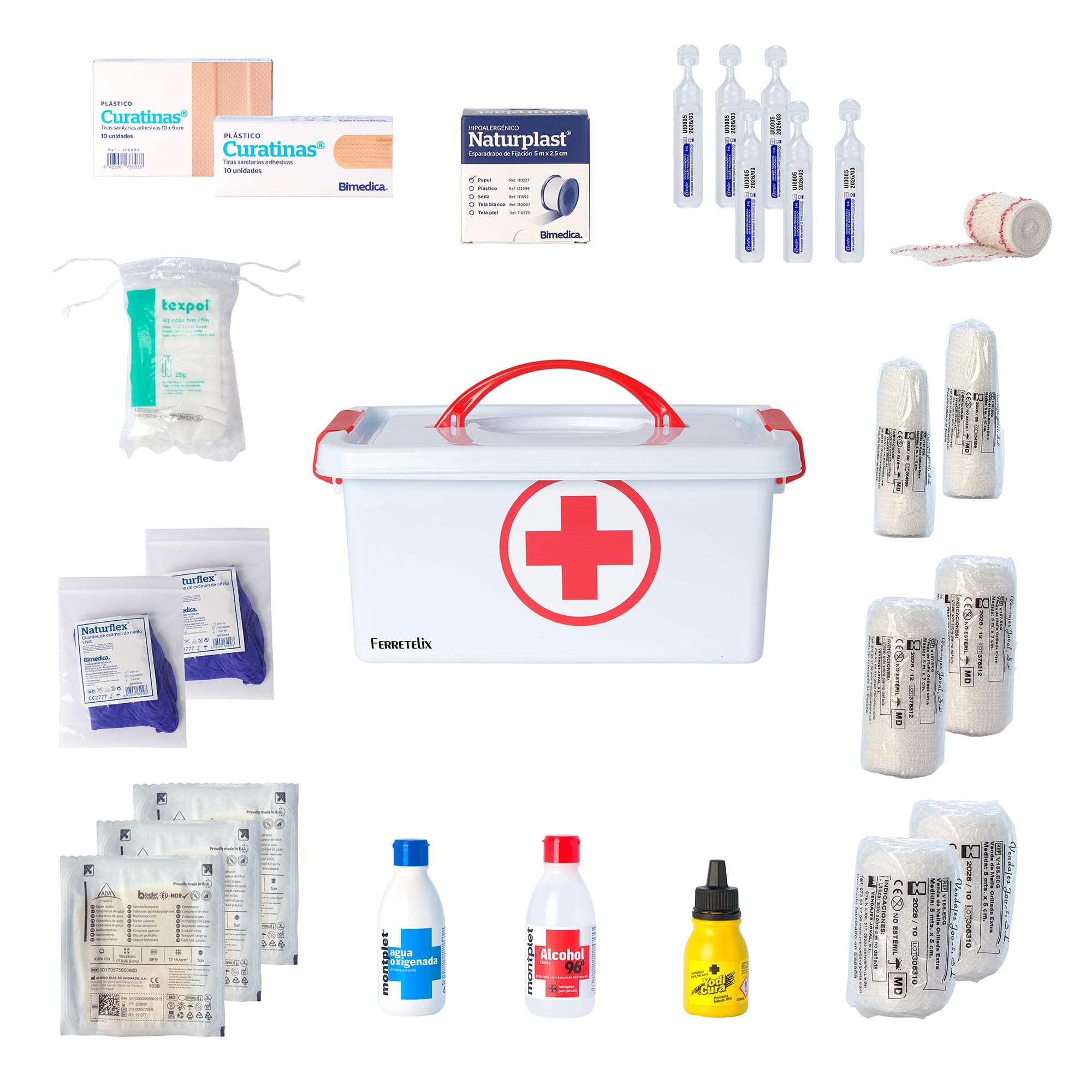Farmalix Botiquin caja primeros auxilios con tapa 4 litros medidas: 28cmx19cmx13cm equipado con varios artículos para realizar las primeras curas en caso de emergencia