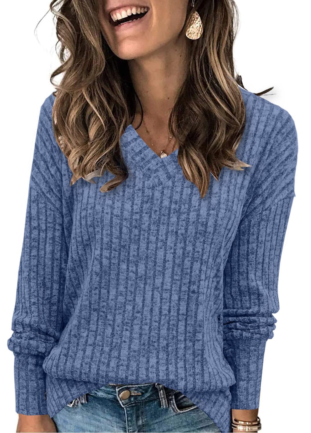 Famulily Pullover für Damen V-Ausschnitt Langarmshirt Leichter Strickpullover Oberteil mit Seitliche Schlitze