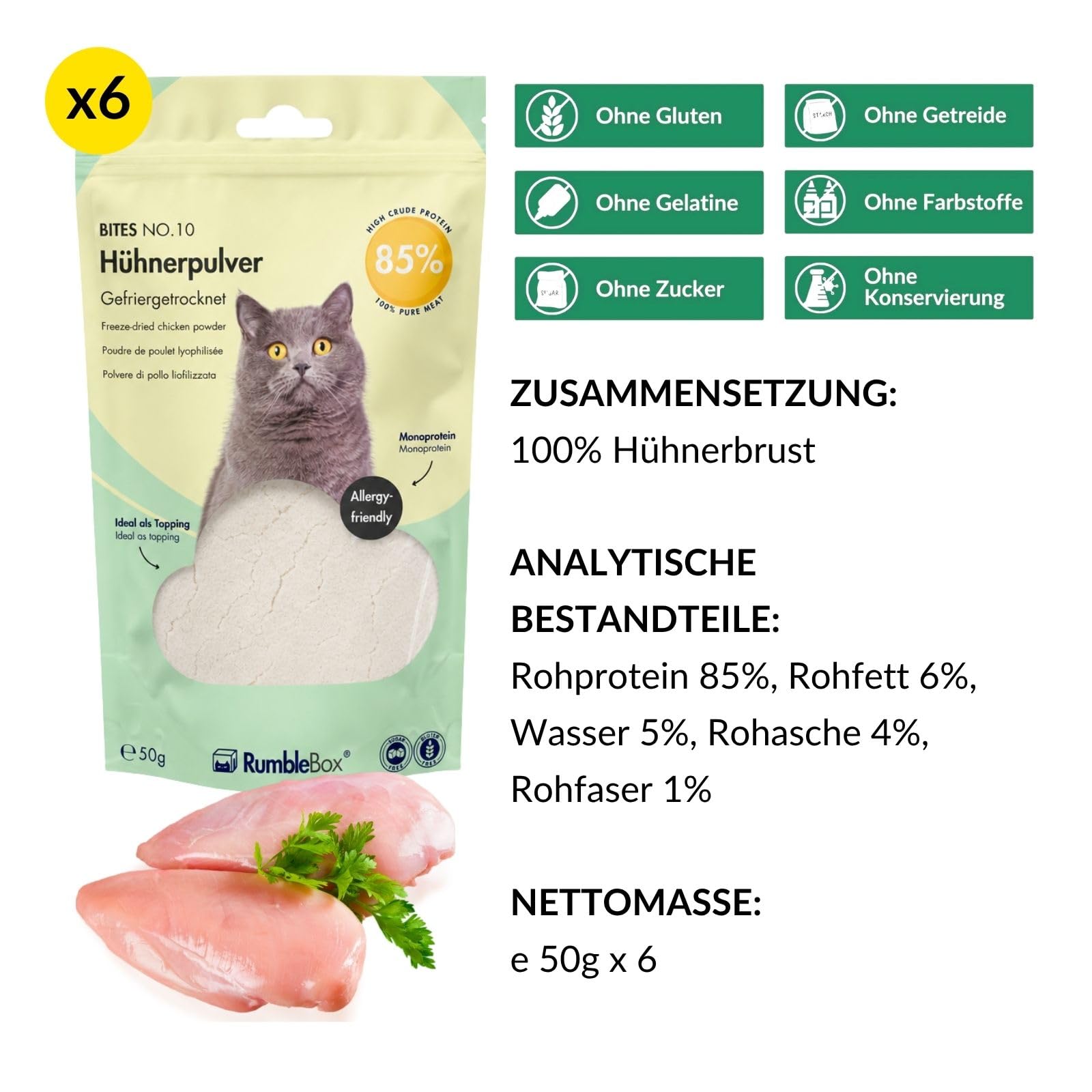 Snack XXL per gatti liofilizzati con polvere di pollo, snack sani senza cereali e zucchero per chi soffre di allergie, solo 1 ingrediente (scatola risparmio, 6 x 50 g)