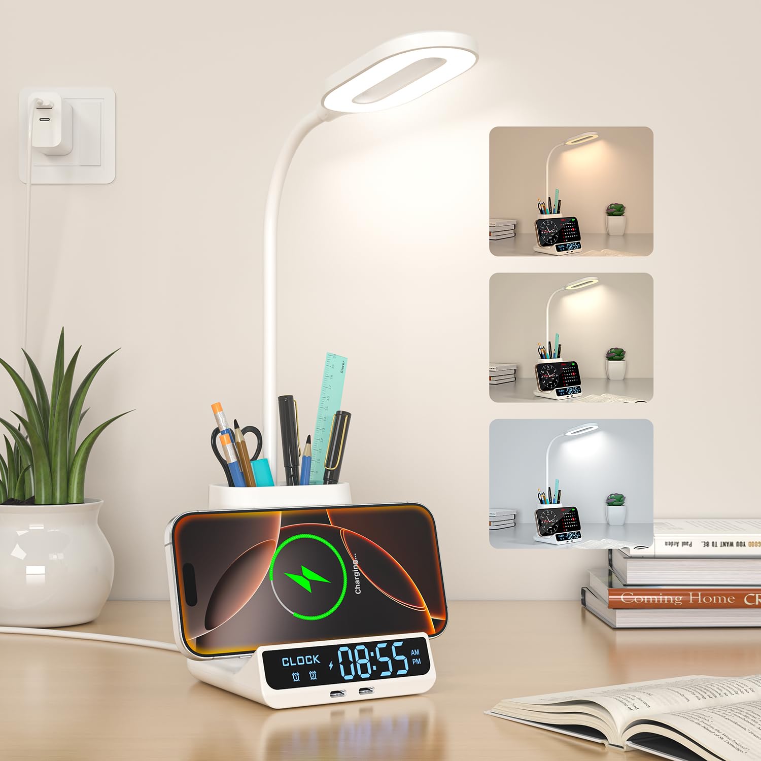5-en-1 Lampe de Bureau LED Intensité Variable avec Horloge, Réveil, Porte-Stylo et Fonction de Recharge, 3 Couleurs de Lumière,Lampe d'étude, Lampe de Chevet, Lampe de Lecture Veilleuse