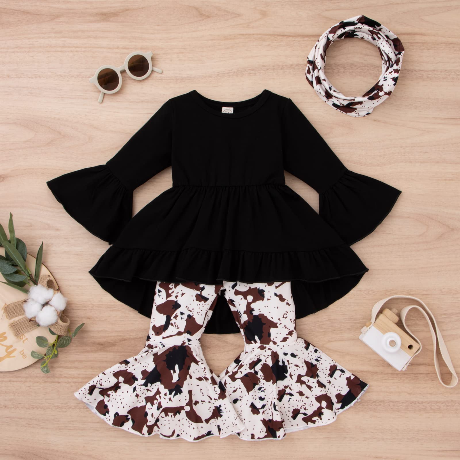 Baby Girl 's Pant Set Western Cow Ruffles Sleeve Tunics Dress Tops and Flared Pants with Scarf 3Pcs Bell Bottom Outfits (3Pcs-Black, 18-24 Months)