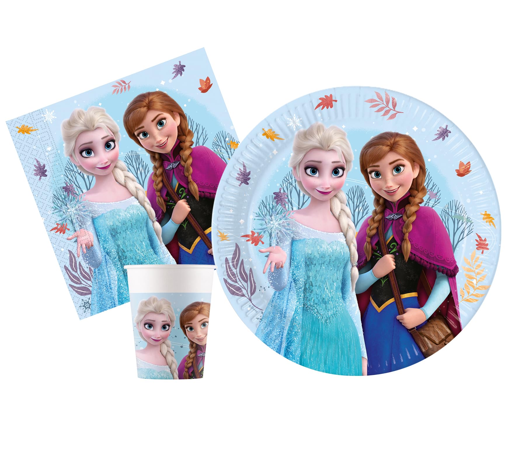 Ciao Kit Party Tavola Disney Frozen Idyllic Wonder per 24 persone (88 pezzi: 24 piatti Ø23cm, 24 bicchieri 200ml, 40 tovaglioli 33x33cm) in carta FSC compostabile eco-friendly