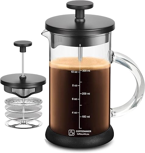 French Press Coffee Maker 12 Ounce Espresso Tea Coffee Maker with 4 Filters System, Stainless Steel Plunger and Heat Resistant Borosilicate Glass