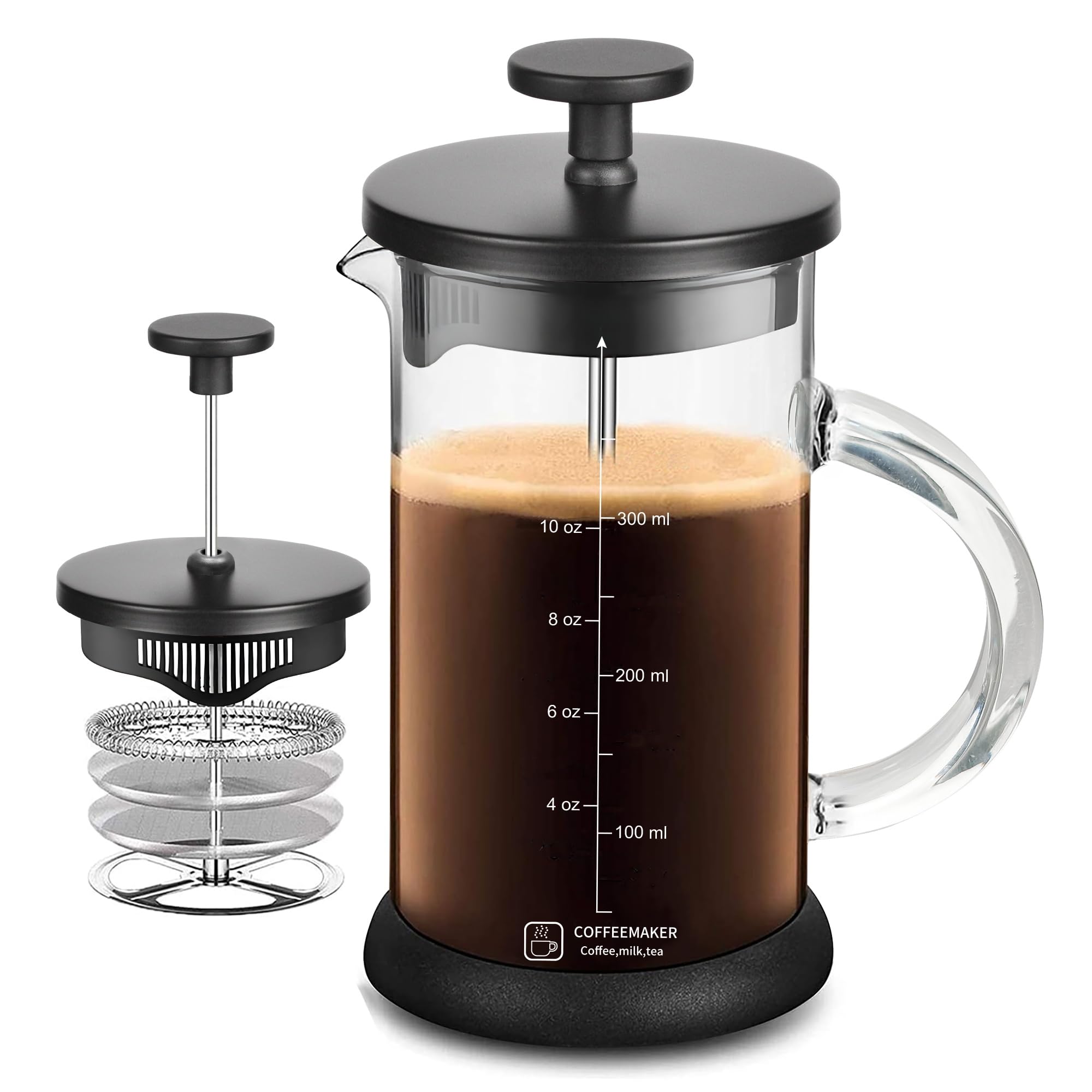 YMMIND Cafetera de prensa francesa de 12 onzas con sistema de 4 filtros, émbolo de acero inoxidable y vidrio de borosilicato resistente al calor, sin BPA, tetera preparada