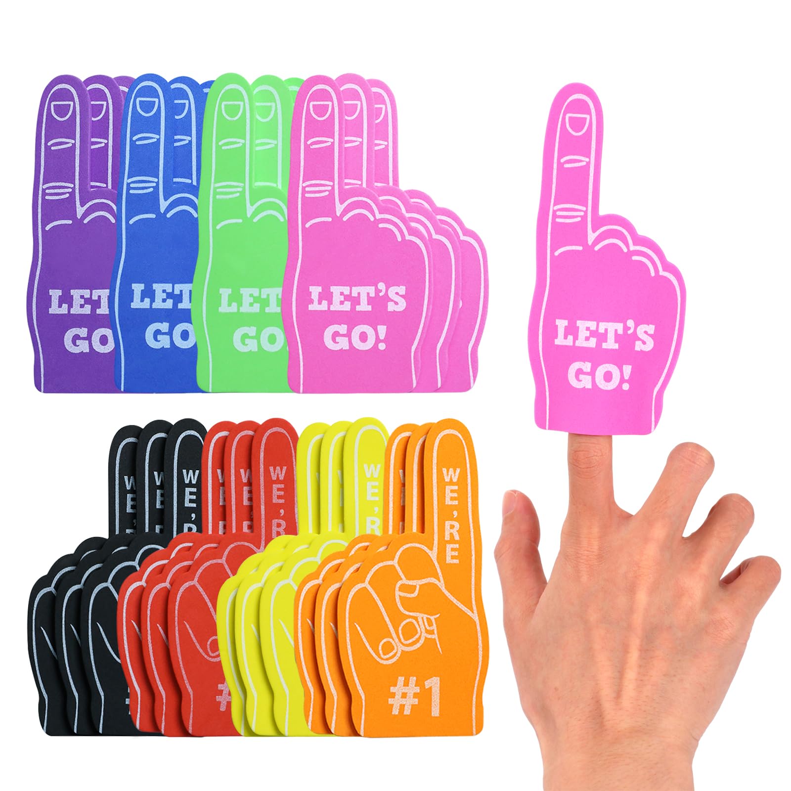 Pueine Mini Foam Fingers, 24Pcs Foam Finger Bulk,We're #1 Sport Fan Foams Fingers for Sports Hand Themed Party,Cheerleader Gifts for Basketball Baseball Soccer Football Sporting Event (8 Colors) ﻿