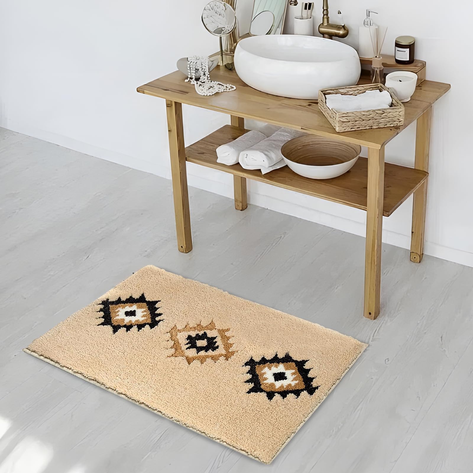 Tappeto Da Bagno Di Lusso Bohémien Con Bordo Smerlato - Colore Beige Sabbia, In Microfibra Morbidissima 1000g/m², Retro Antiscivolo In TPR, Lavabile In Lavatrice, Extra Morbido