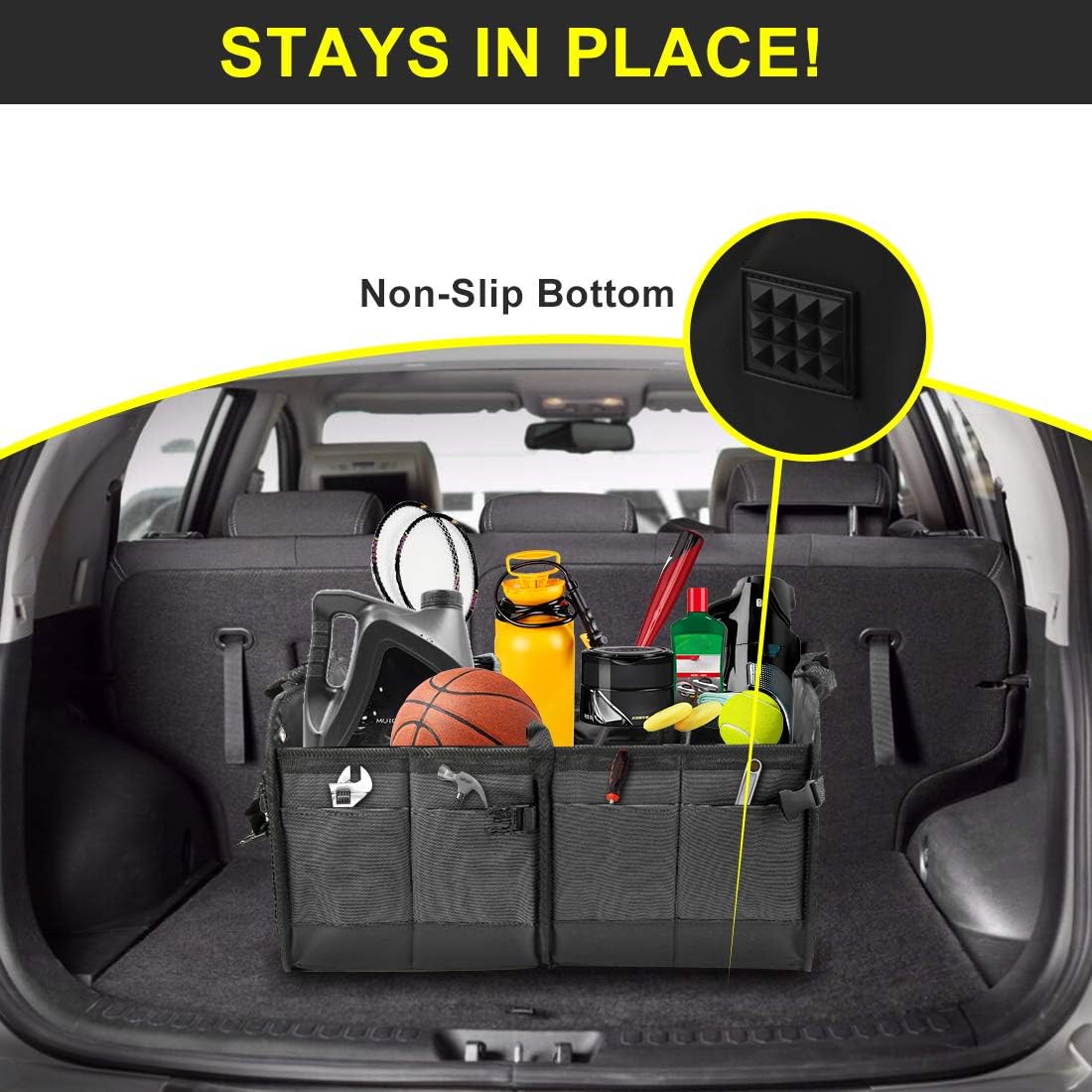 ANTEQI Foldable Car Storage Organizer for SUV, Portable Multi Compartments Trunk Organizer for Car Storage, Large capacity for Cargo Car Trunk Organizer, Expandable To Suit Any In-vehicle (Black)