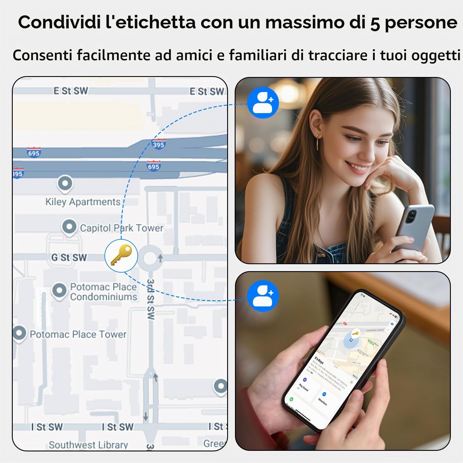 Smart Tracker 2 pezzi, Bluetooth Trova oggetti Compatibile con Apple Dov'è (solo iOS), Batteria sostituibile, IP67 impermeabile, adatto per bagagli, borse, portafogli, zaini, chiavi Tag Tracking