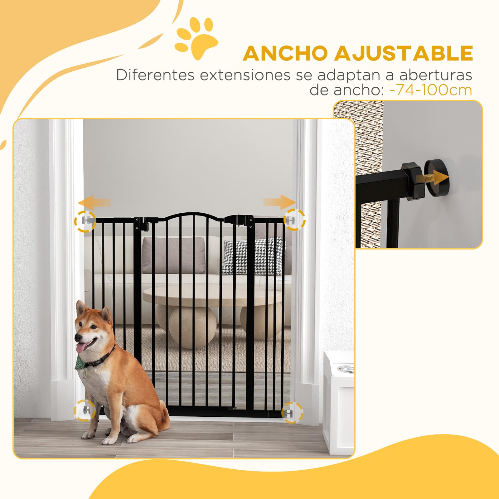 PawHut Barrera de Seguridad para Perros Extensible 74-100 cm, para Puertas y Escaleras, Barrera para Perros Medianos con 2 Extensiones 7/14 cm, Montaje a Presión y Doble Bloqueo, Negro