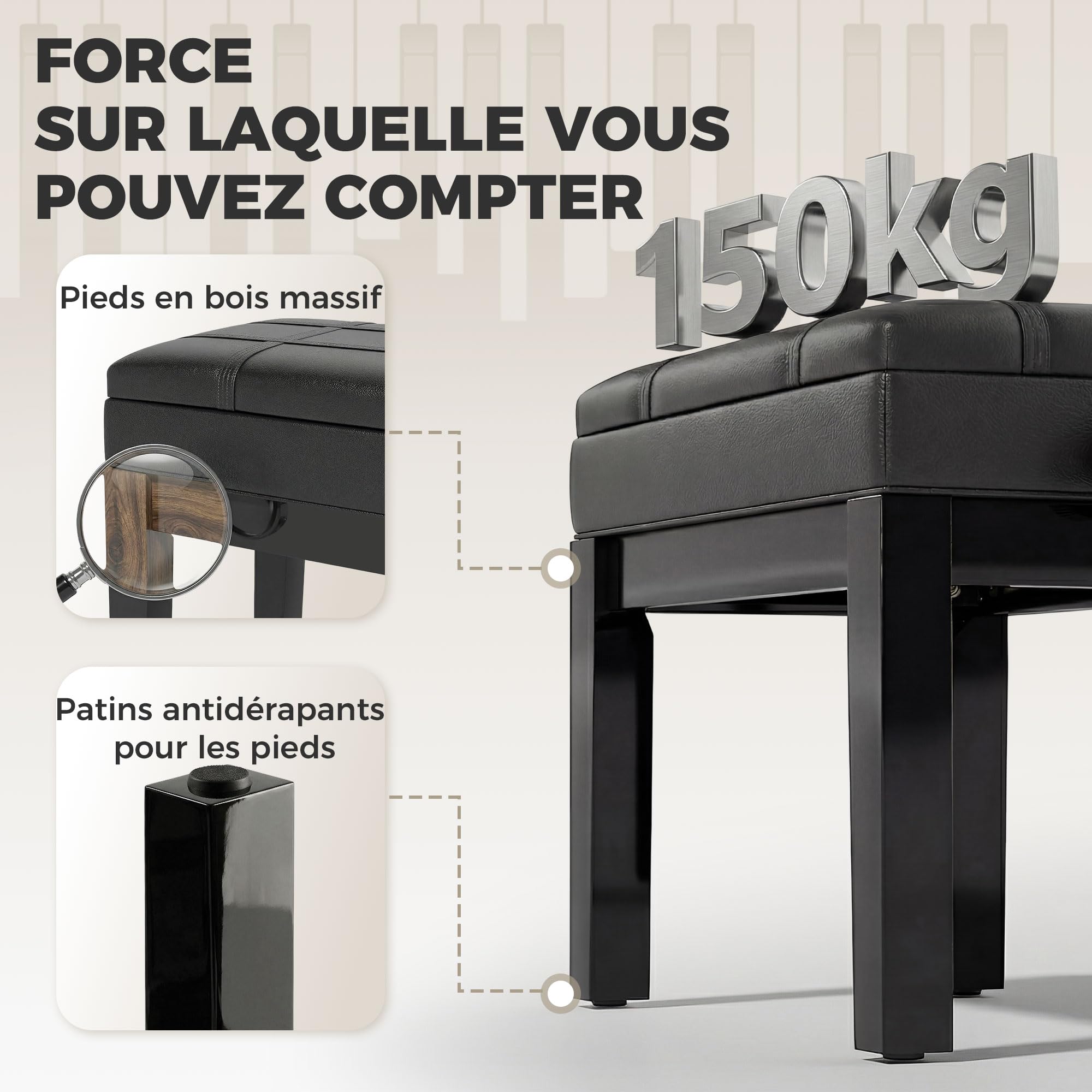 HOMCOM Banc de Piano, Banc de Clavier réglable en Hauteur en Bois Massif, Tabouret Piano avec Compartiment caché, siège rembourré polyuréthane, Stable et antidérapant, Charge 150kg, Noir