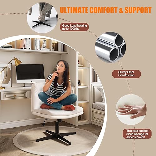 Miniatura 5 de Silla de oficina con patas cruzadas, asiento ancho sin brazos, silla ergonómica de escritorio para oficina en casa, sin ruedas, silla giratoria para