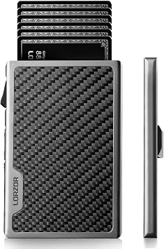 LORZOR Carbon Fiber Wallet for Men, 0.3IN Ultra-slim Minimalist Card Holder with Money Clip, Trigger Button for Quick Card Access, Ultra-light Aerospace Aluminum, RFID-Blocking, Gift Box